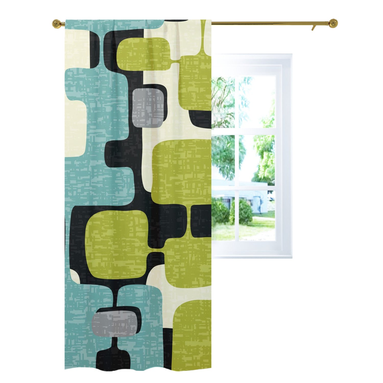 Mid Century Modern Geometric Mod Green, Aqua MCM Curtain, Single Panel - Mid Century Modern Gal