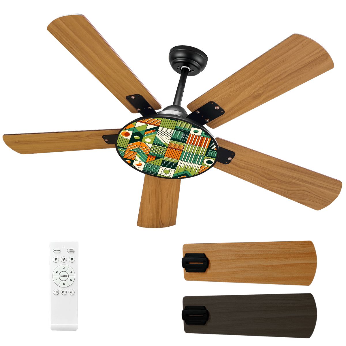 Mid Century Modern Bauhaus Geometric Designed Green, Orange Ceiling Fan With Light - Mid Century Modern Gal