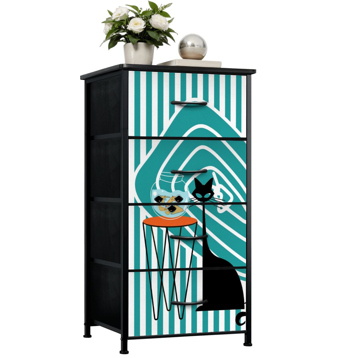 Atomic Kitschy Black Cat, Striped Mod Retro 4-Drawer Dresser - Mid Century Modern Gal