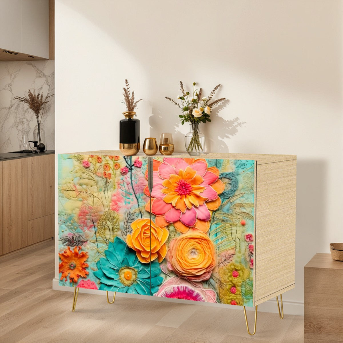 Bohemian Retro Flower, Faux Pressed Floral Mod Wooden Storage Cabinet - Mid Century Modern Gal