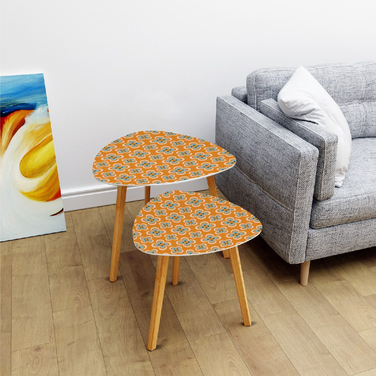 Modern Scandinavian Orange Blue Floral Mid Century Modern Nesting Tables - Mid Century Modern Gal