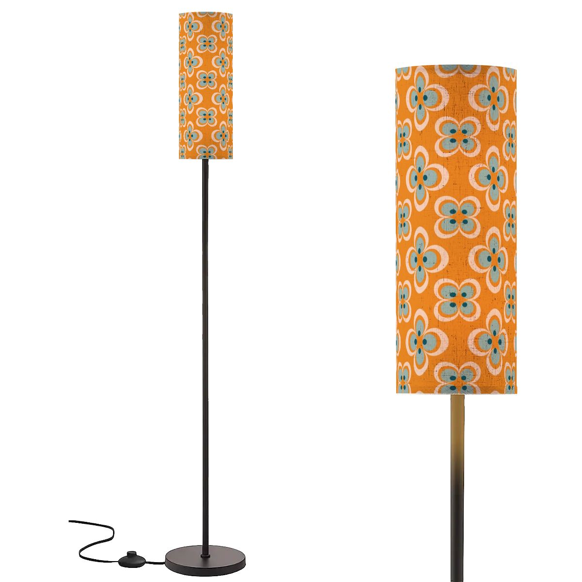 Scandinavian Orange, Blue Flower Mid Mod Floor Lamp - Mid Century Modern Gal