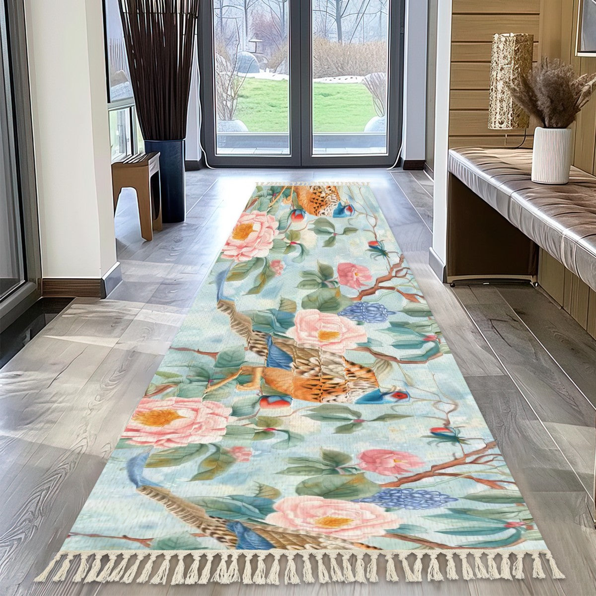 Chinoiserie Floral Pheasant Modern Runner Rug With Tassel Edges - Mid Century Modern Gal