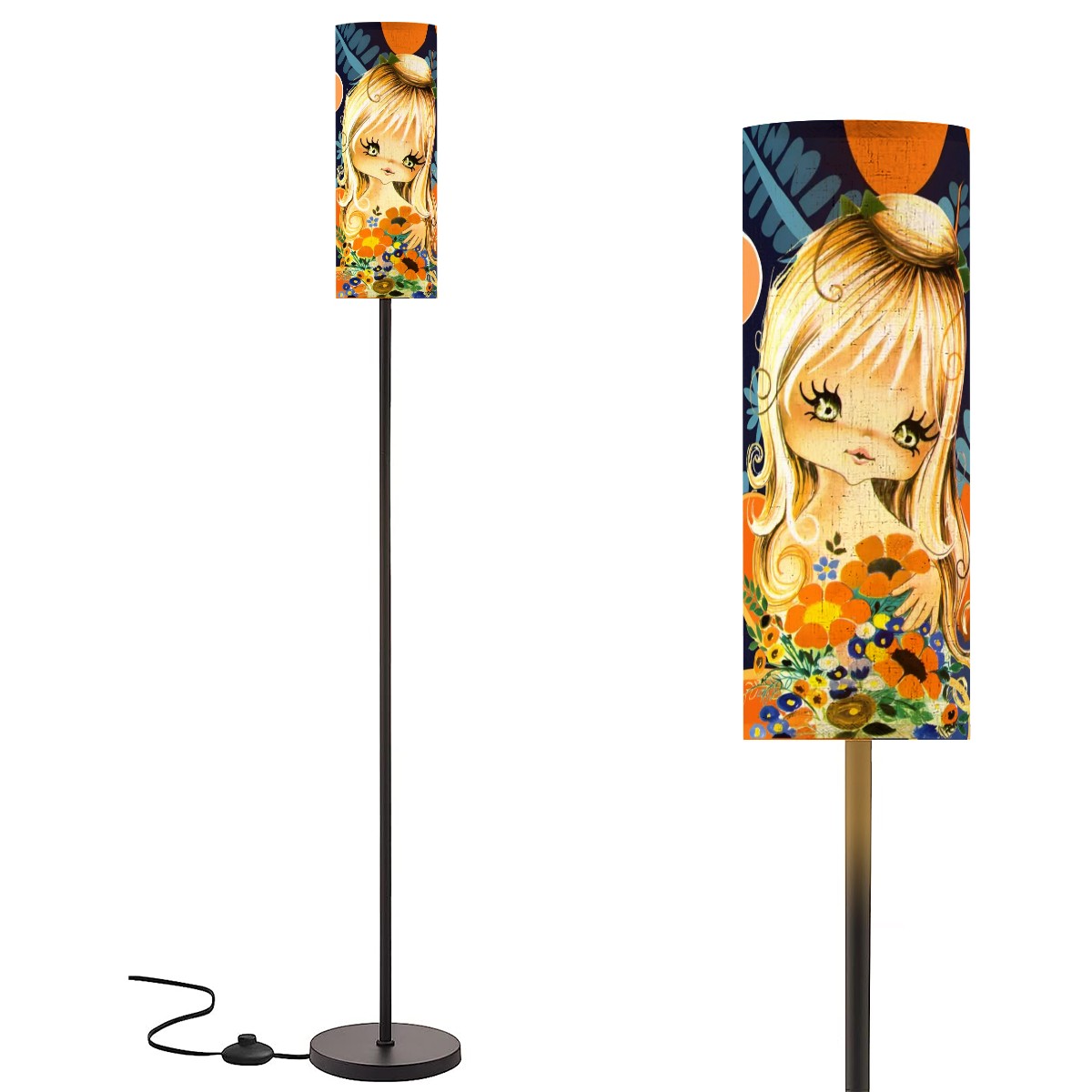 Retro Big Eyed Hippie Girl From The 70s, Floral Boho Pattern Mod Floor Lamp - Mid Century Modern Gal
