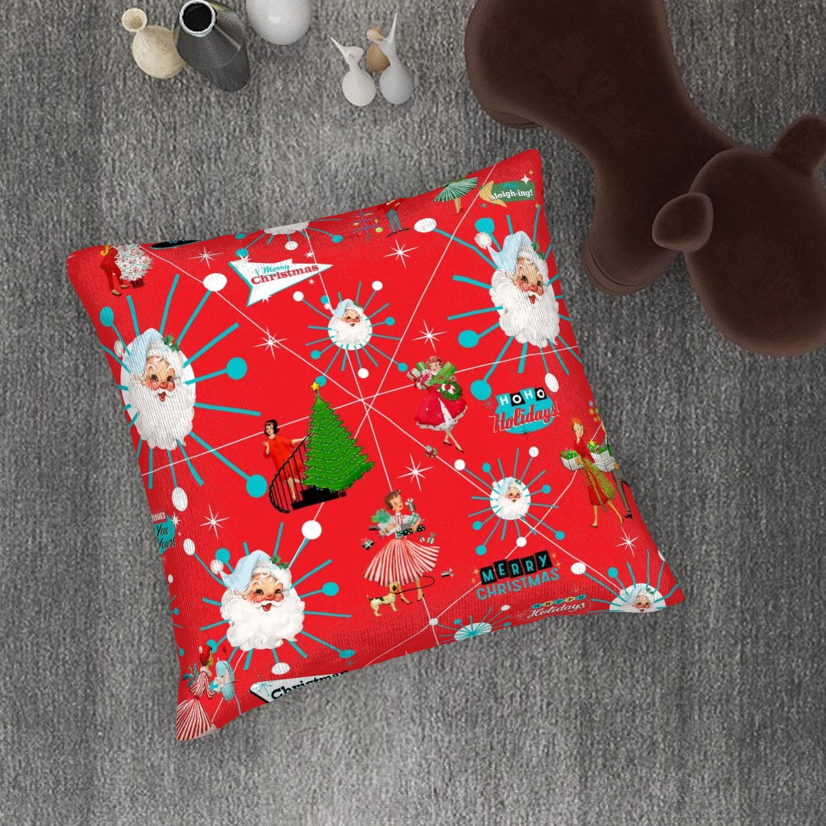 Mid Century Modern Christms Starburst Santa, Kitschy Holiday Gals, Plush Throw Pillow Covers - Mid Century Modern Gal