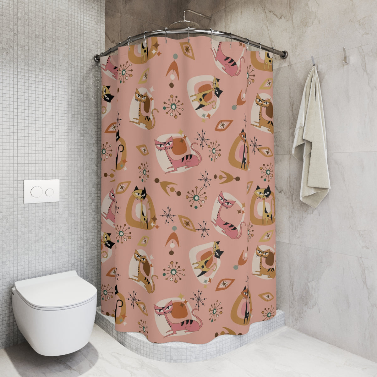 Atomic Cat Shower Curtain 50s Kitschy MCM Gal, Pink, Mid Mod Bath Decor - Mid Century Modern Gal