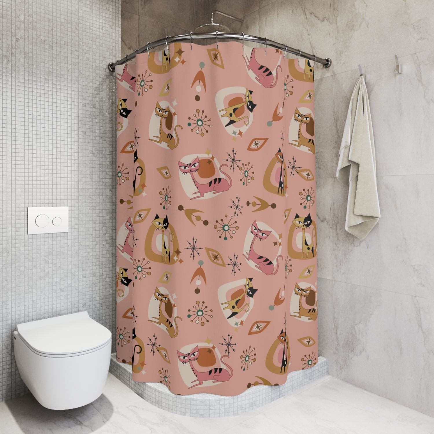 Atomic Cat Shower Curtain 50s Kitschy MCM Gal, Pink, Mid Mod Bath Decor - Mid Century Modern Gal