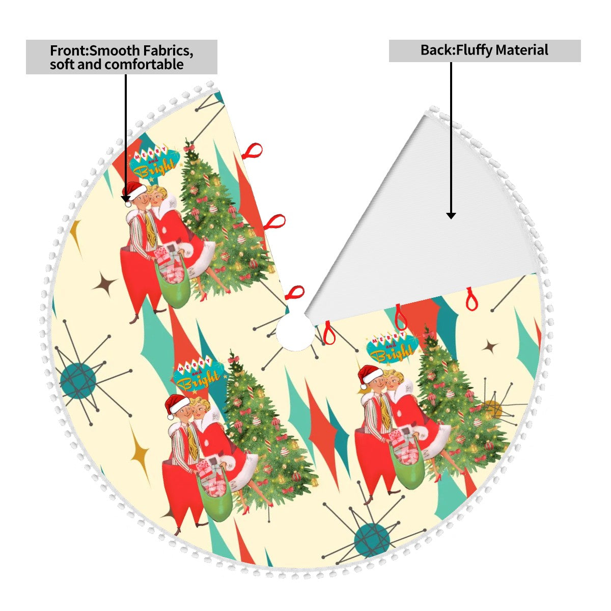 Mid Century Modern Kitschy Retro VIntage Christmas Tree Skirt With Pom Poms - Mid Century Modern Gal
