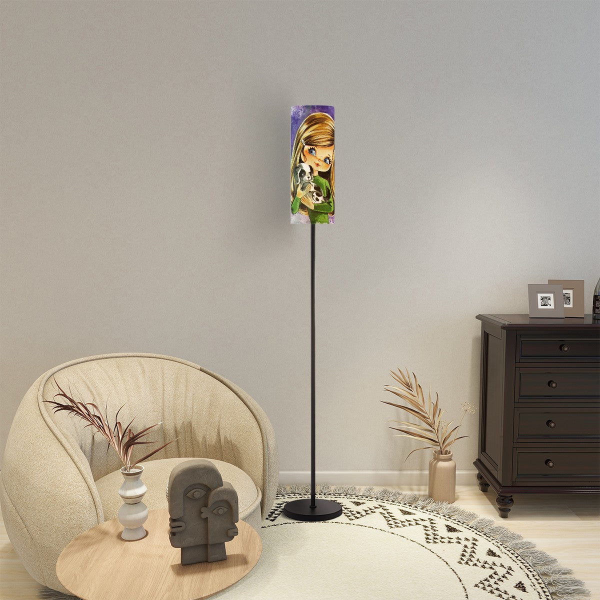Retro 60s 70s Vintage Big Eyed Girl With Puppy, Mod Floor Lamp - Mid Century Modern Gal