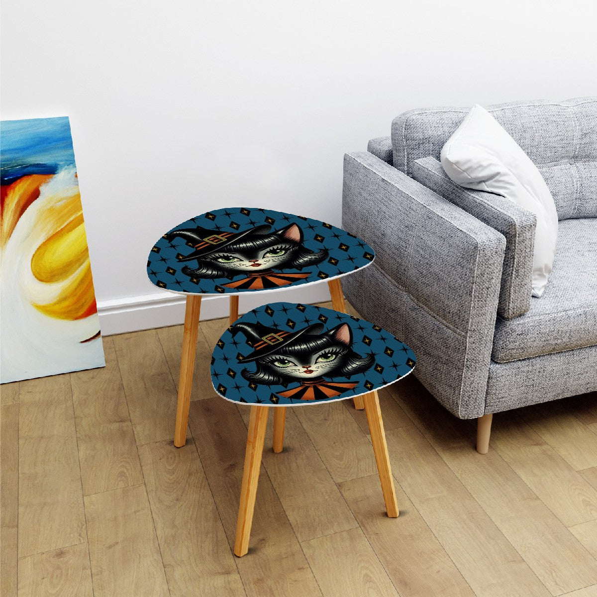 Vintage Halloween Black Cat Sexy Sexton Mid Century Modern Blue Nesting Tables - Mid Century Modern Gal