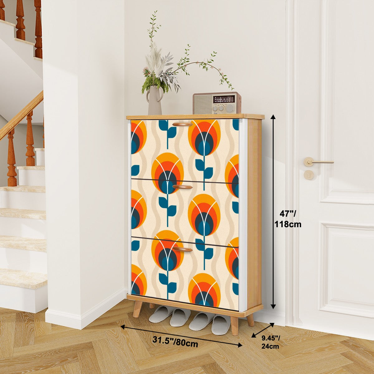 Scandinavian Designed Mid Century Modern Shoe Organizer, Orange Blue Floral Design - Mid Century Modern Gal