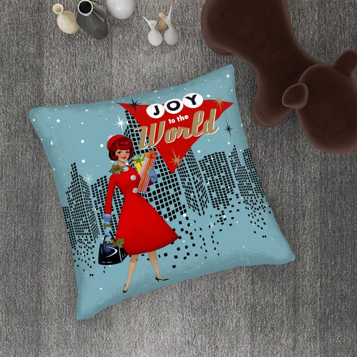 Mid Century Modern Christmas Pillow Cover, Mod Gal, Joy To The World City Scape - Mid Century Modern Gal