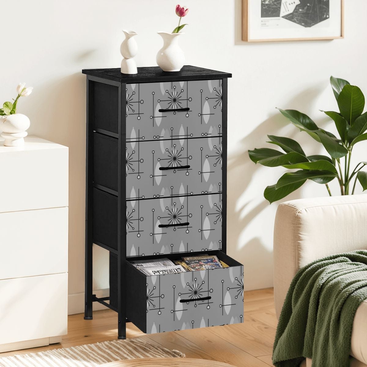 Mid Century Modern Moody Gray Starbursts 4-Drawer Dresser - Mid Century Modern Gal