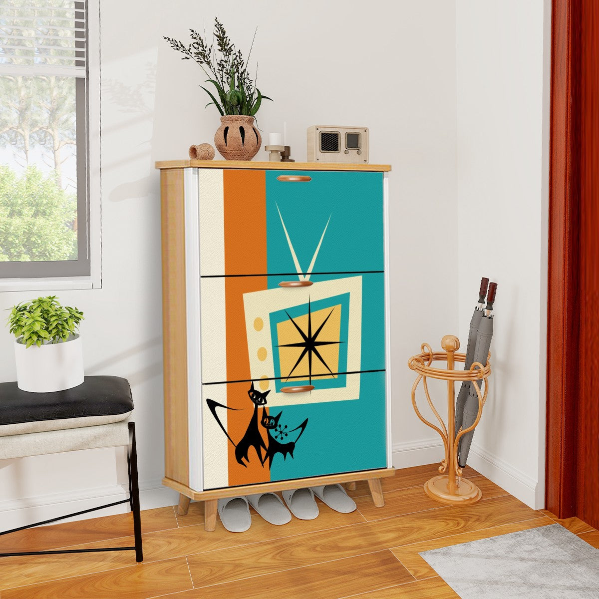 Mid Century Modern Retro TV Atomic Cat, Kitschy Shoe Cabinet - Mid Century Modern Gal