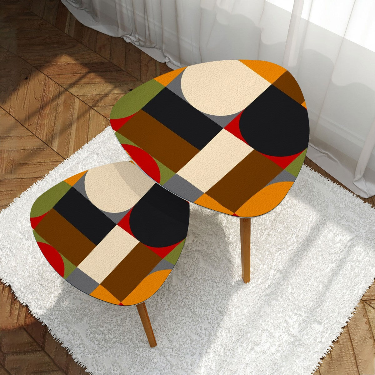 Mid Century Modern Nesting Tables In Geometric Mod Design, Black, Orange, Cream Green Mod Coffee Table - Mid Century Modern Gal