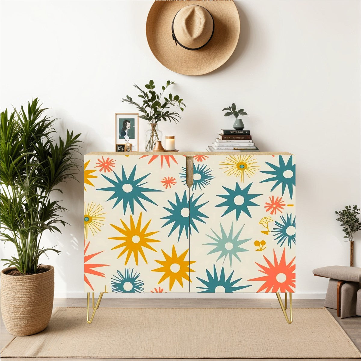 Mid Century Modern Wooden Storage Cabinet, Atomic Starbursts, Mod Credenza Sideboard - Mid Century Modern Gal