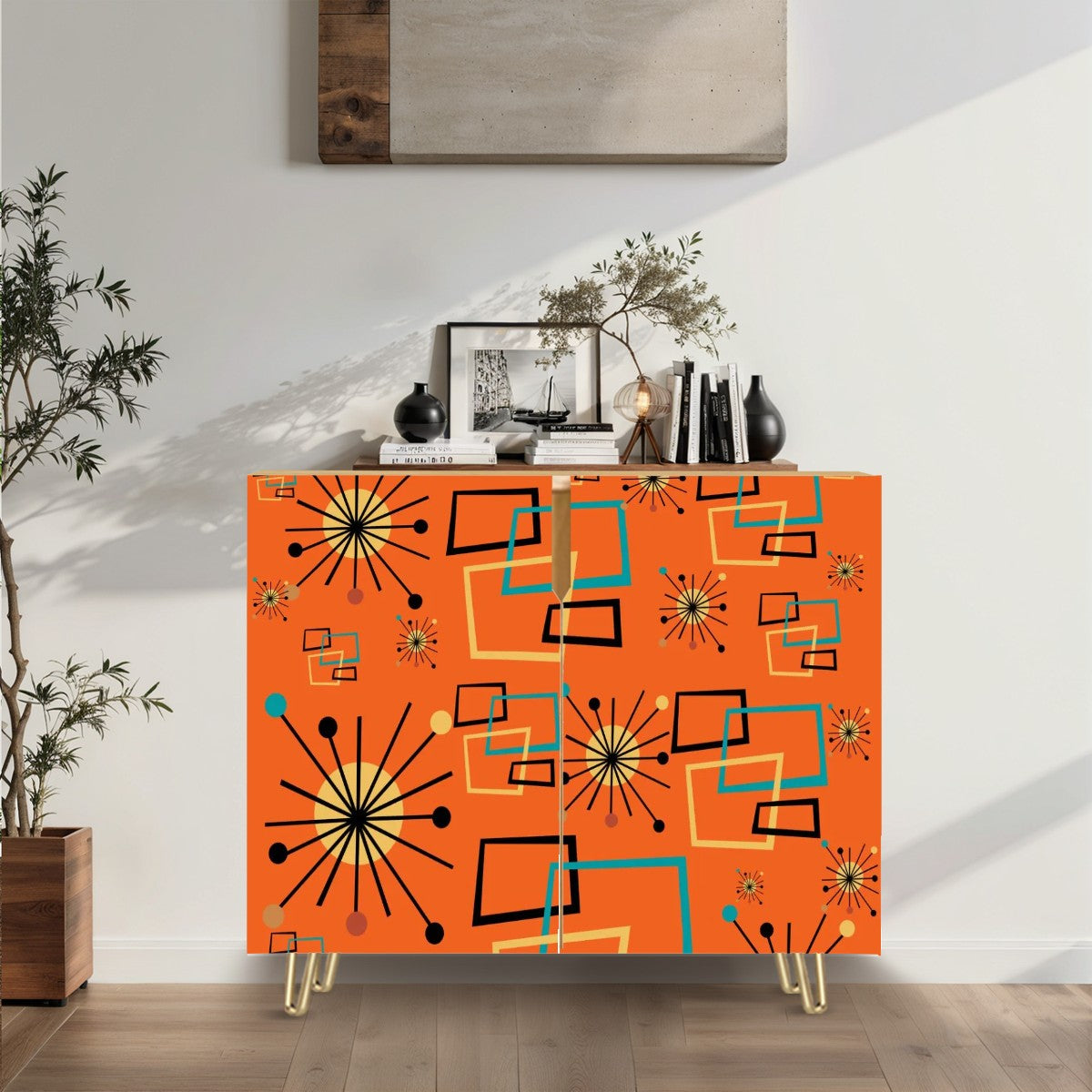 Mid Century Modern Orange Geometric Mod Retro Wooden Storage Cabinet - Mid Century Modern Gal