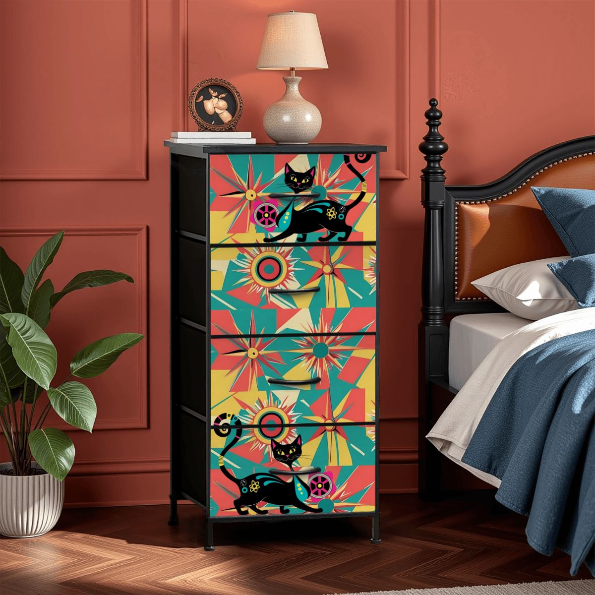 Mid Century Modern Atomic Cat, Coral, Yellow, Teal Mod Retro Funky 4-Drawer Dresser - Mid Century Modern Gal