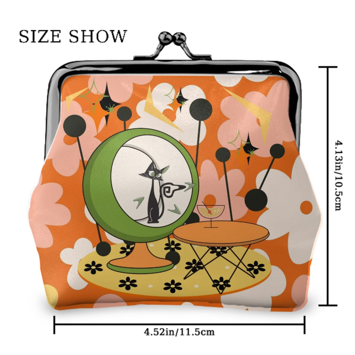 Atomic Cat Flower Power Retro Cute Women's Leather Kiss Lock Coin Purse - Mid Century Modern Gal