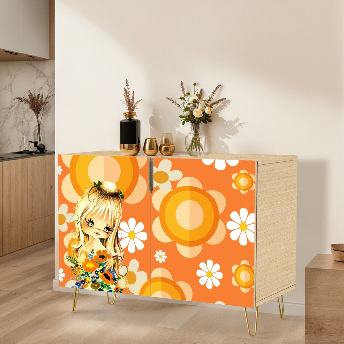 70s Flower Power Big Eyed Girl Retro Mod Orange Floral Wooden Storage Cabinet - Mid Century Modern Gal