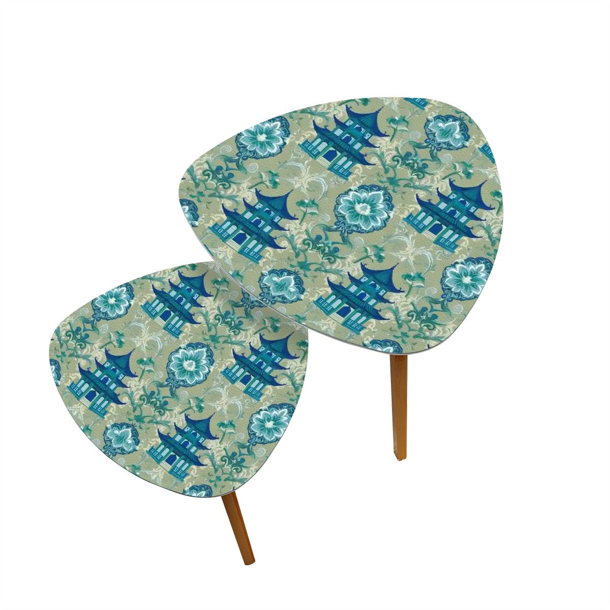 Chinoiserie Pagoda Green Blue Floral Elegant Modern Nesting Tables - Mid Century Modern Gal