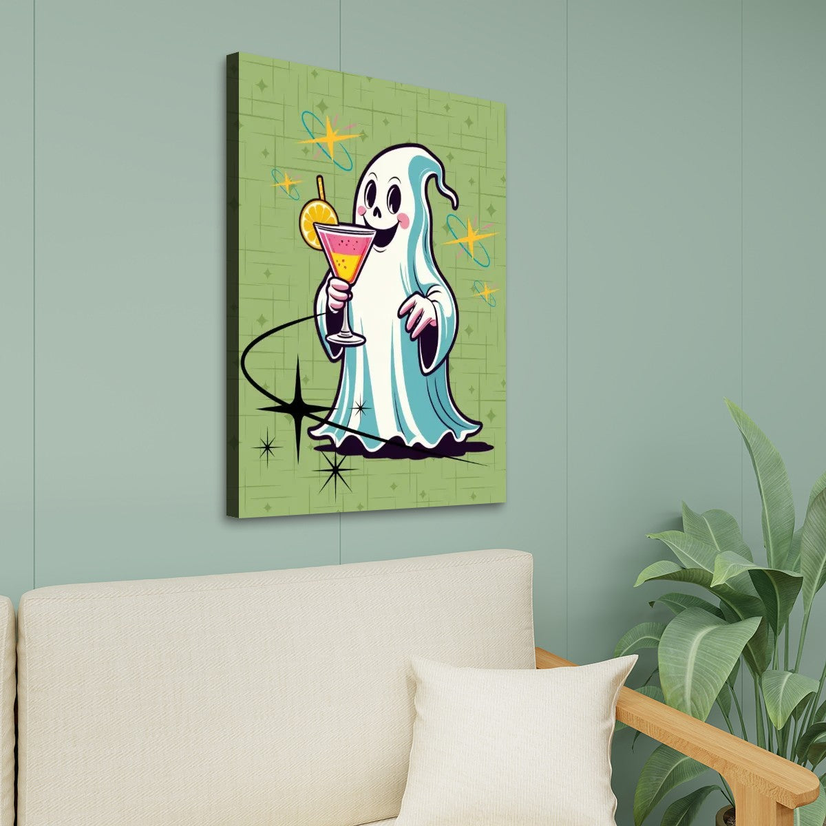 Kitschy Retro Ghost Cocktail Hour, Mid Century Modern Wall Art, Green Starbursts Design - Mid Century Modern Gal
