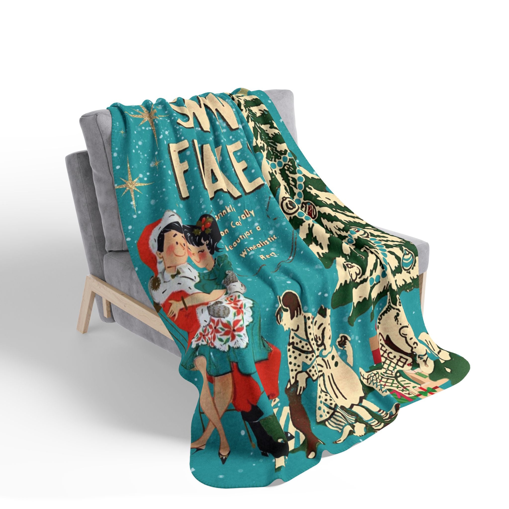 Christmas Stary Brite Ornaments, Kitschy Mod Teal Mica Snow 50s Christmas Velveteen Microfiber Blanket - Mid Century Modern Gal