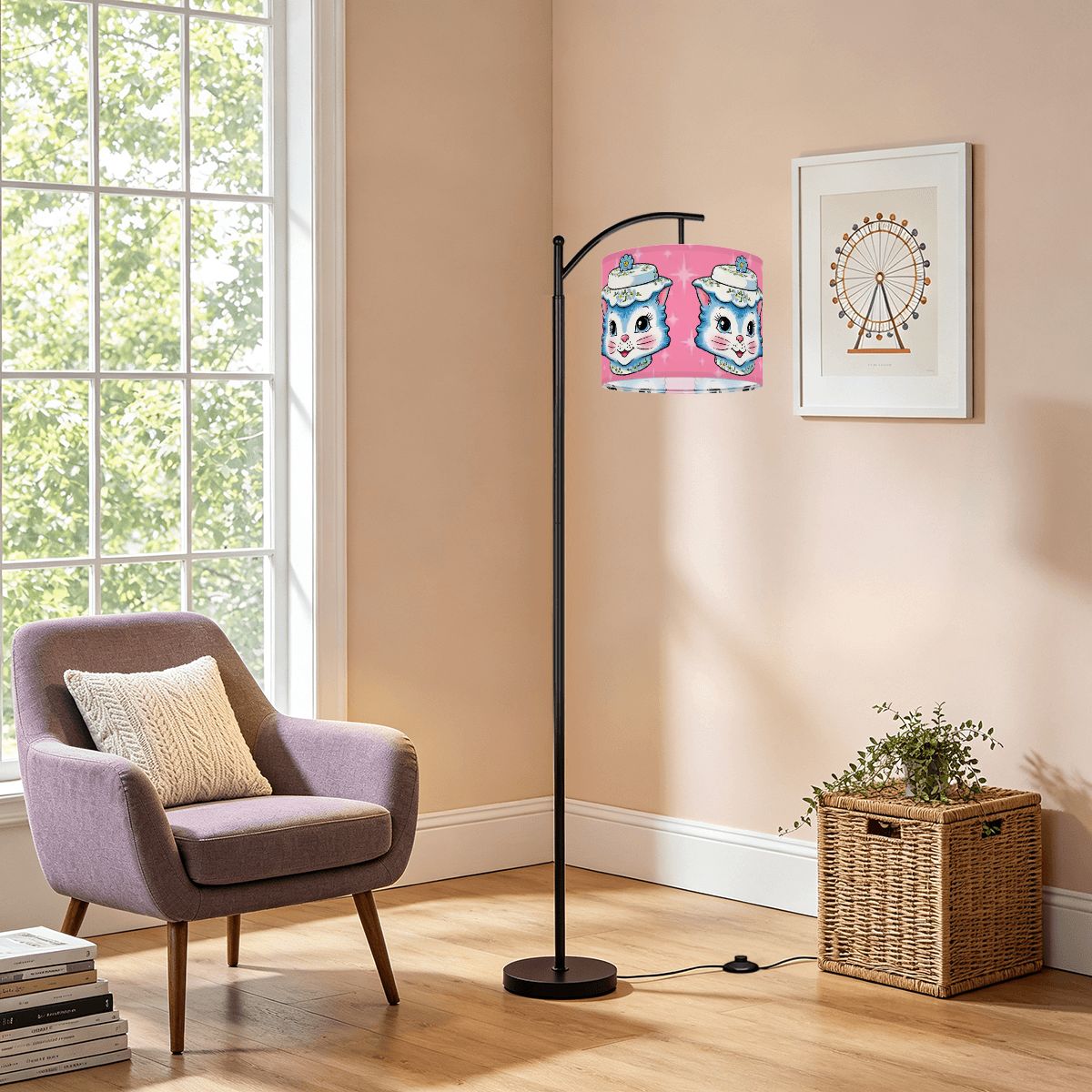 Mid Century Modern Kitschy Anthropomorphic Blue Cat with Floral Hat Arc Floor Lamp