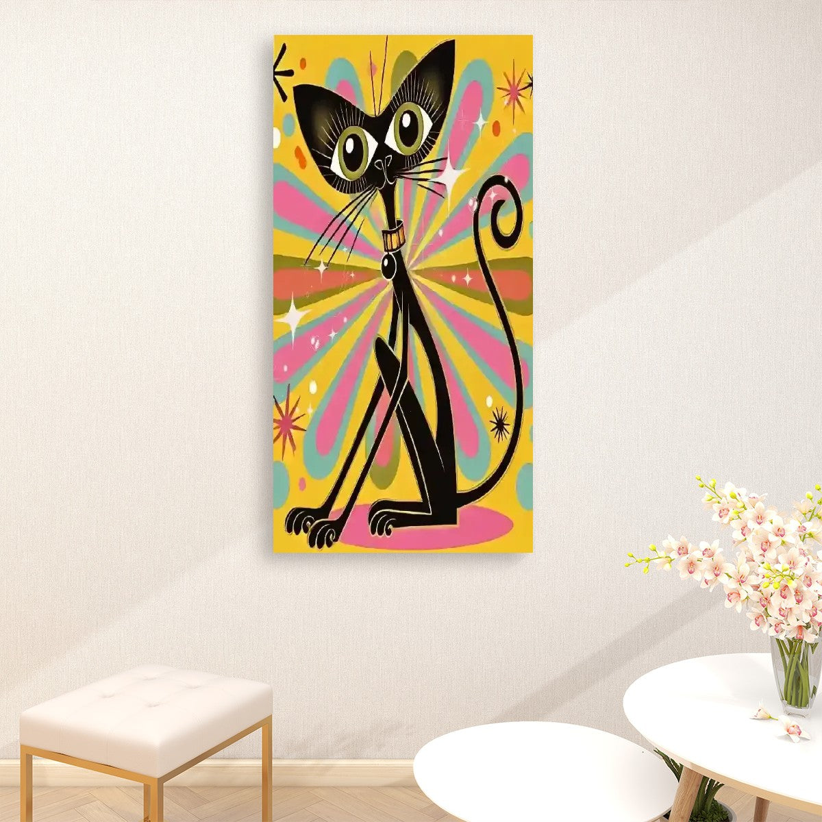 Atomic Groovy Cat Wall Art, Kitschy Retro Quirky Cat Lover Large Canvas Print - Mid Century Modern Gal