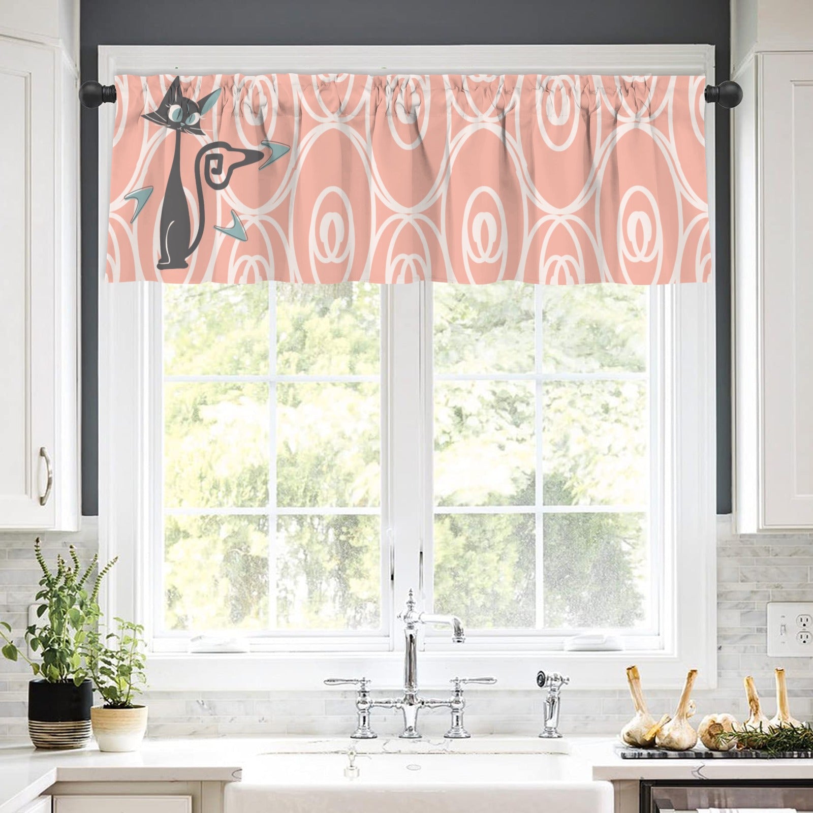 Atomic Kitschy Cat Coral Mid Mod Kitchen Window Valance - Mid Century Modern Gal