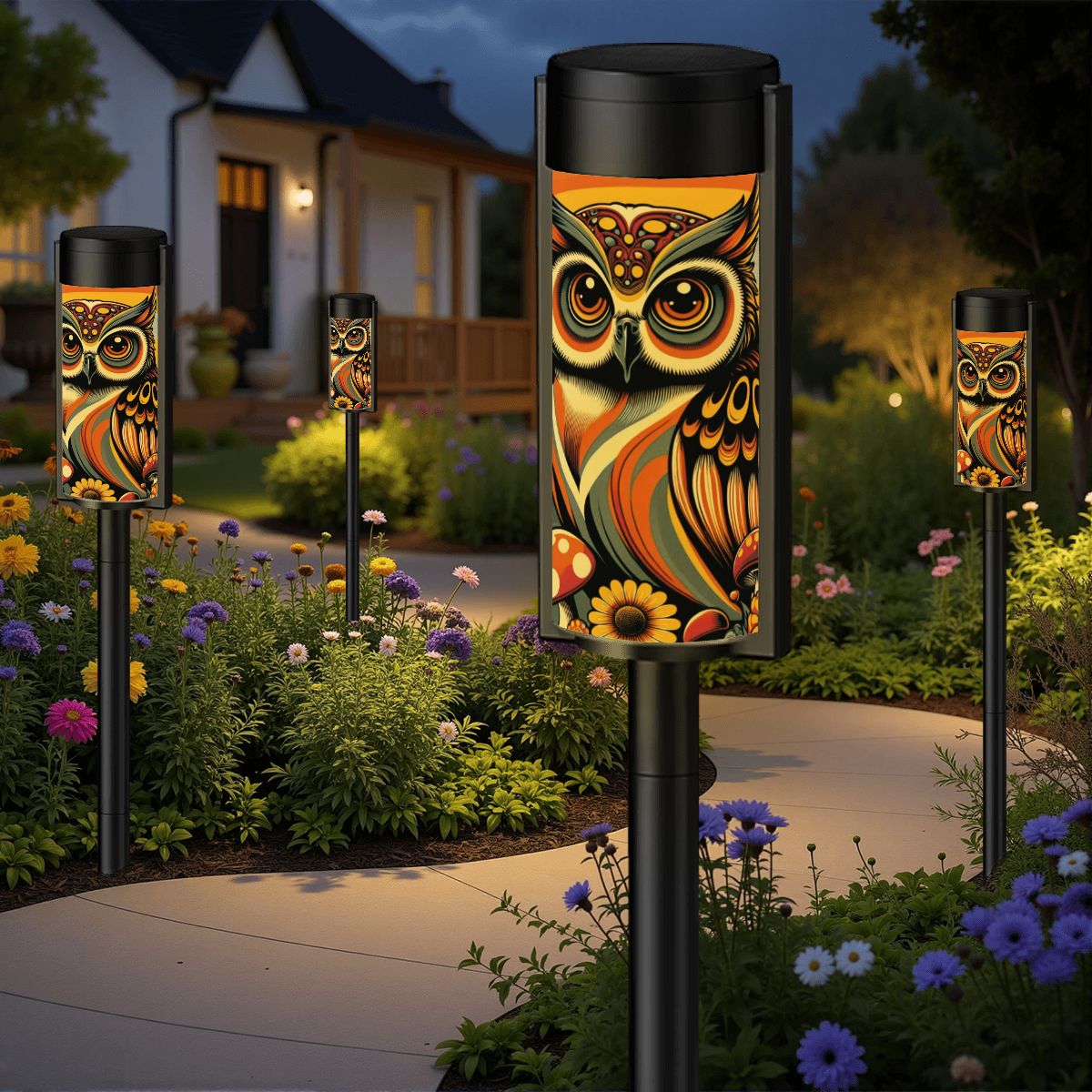 Retro 70s Owl Groovy Mushroom Mid Century Modern Outdoor Solar Lights - Mid Century Modern Gal