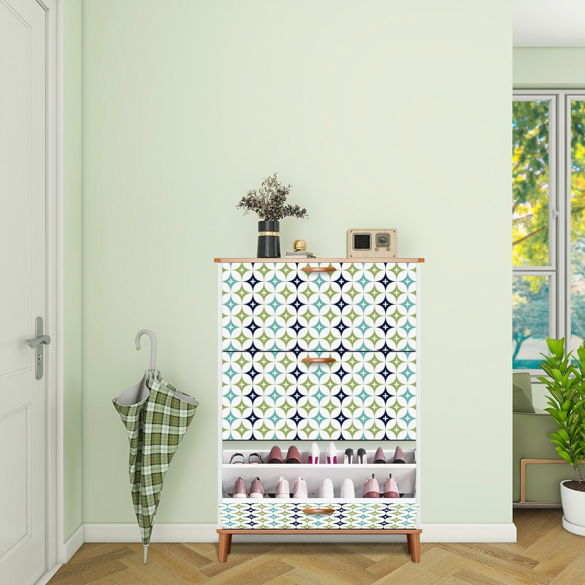 Mid Century Moder Atomic Blue, Green Shoe Storage Cabinet - Mid Century Modern Gal