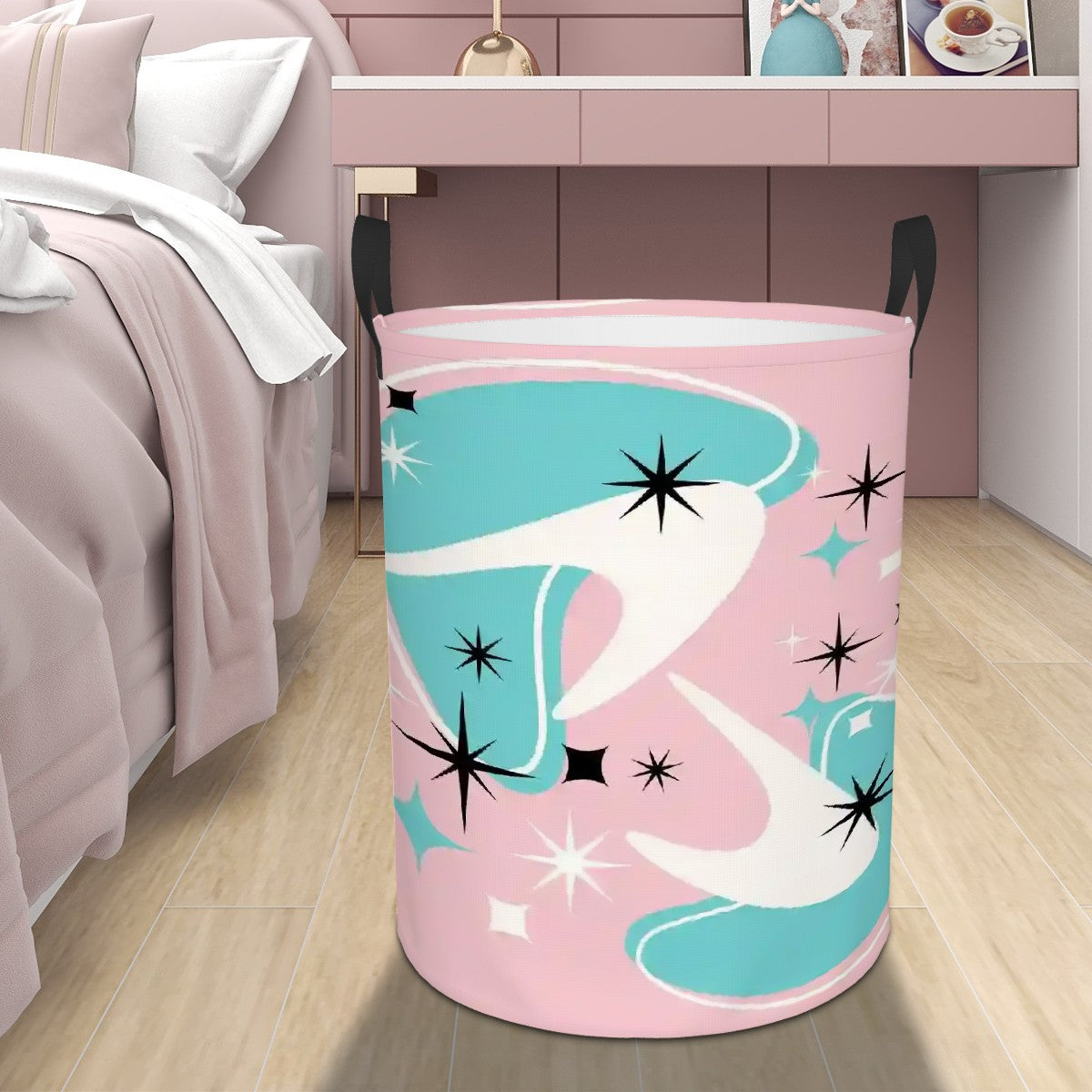 Mid Century Modern Atomic Pink, Aqua Boomerang MCM Circular Laundry Basket - Mid Century Modern Gal