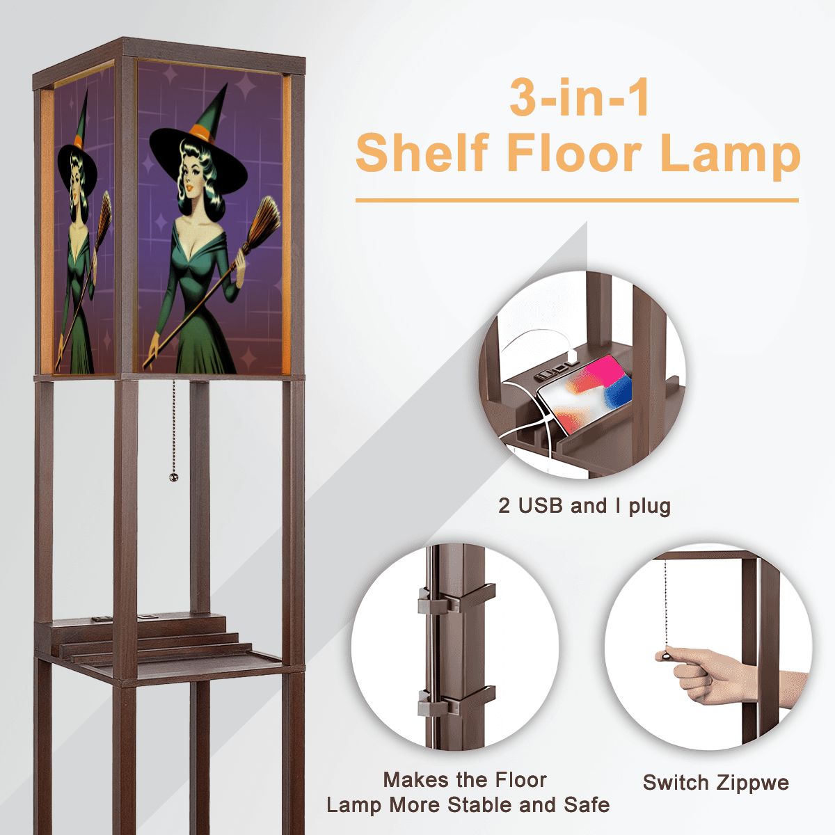 Mid Century Modern Vintage Pin Up Witch Purple Teal Halloween Floor Lamp with Shelves - Mid Century Modern Gal