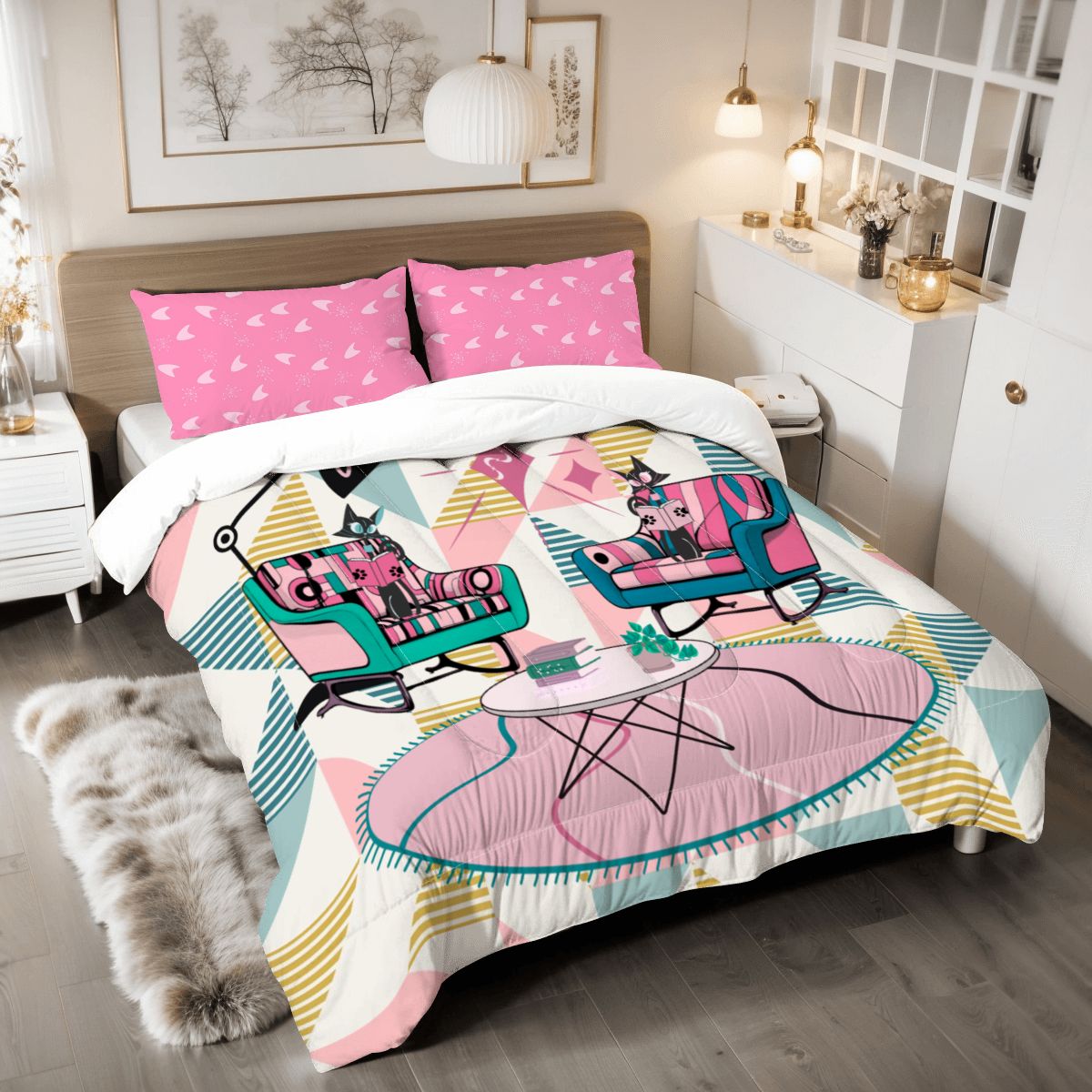 Kitschy Reading Cats Atomic Mid Century Modern King Comforter Set - Mid Century Modern Gal