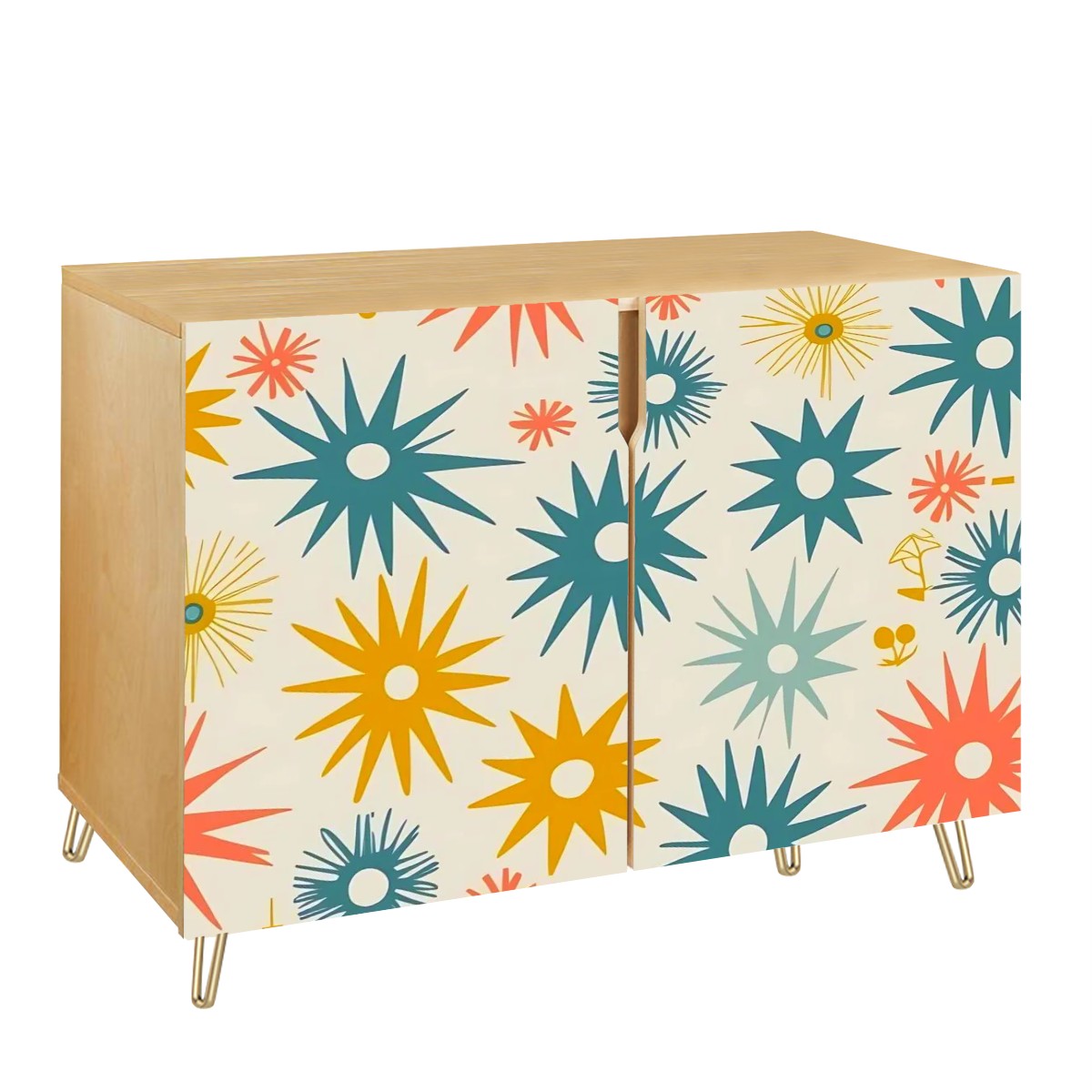 Mid Century Modern Wooden Storage Cabinet, Atomic Starbursts, Mod Credenza Sideboard - Mid Century Modern Gal