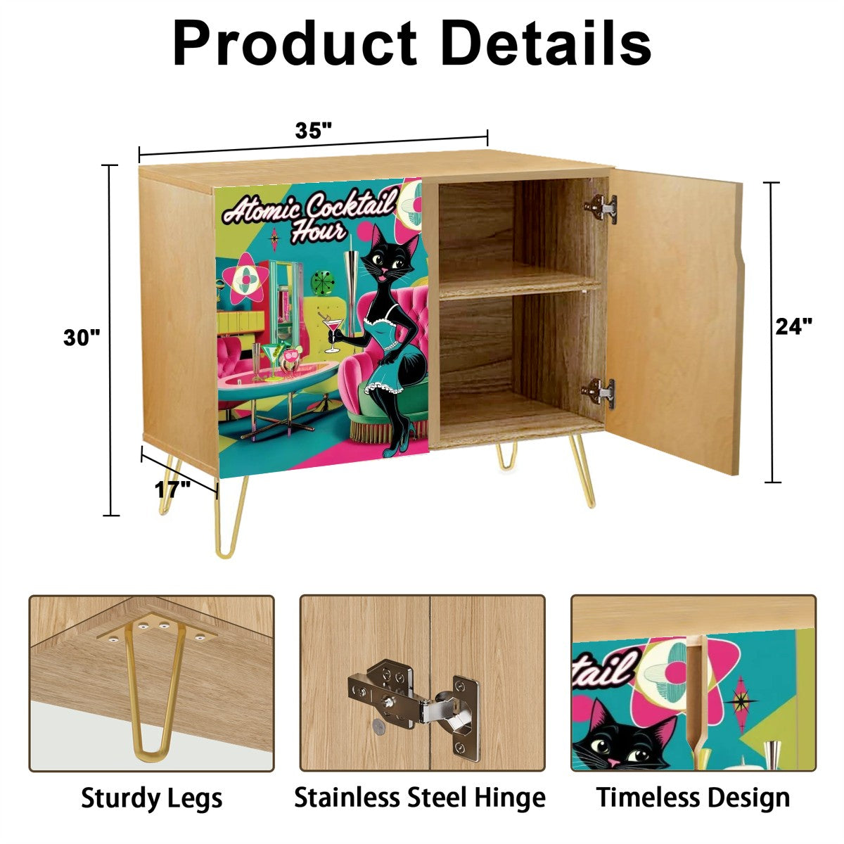 Mid Century Modern Bar Credenza Sideboard, Kitschy Mod Cat, Quirky Fun MCM Wooden Storage Cabinet - Mid Century Modern Gal