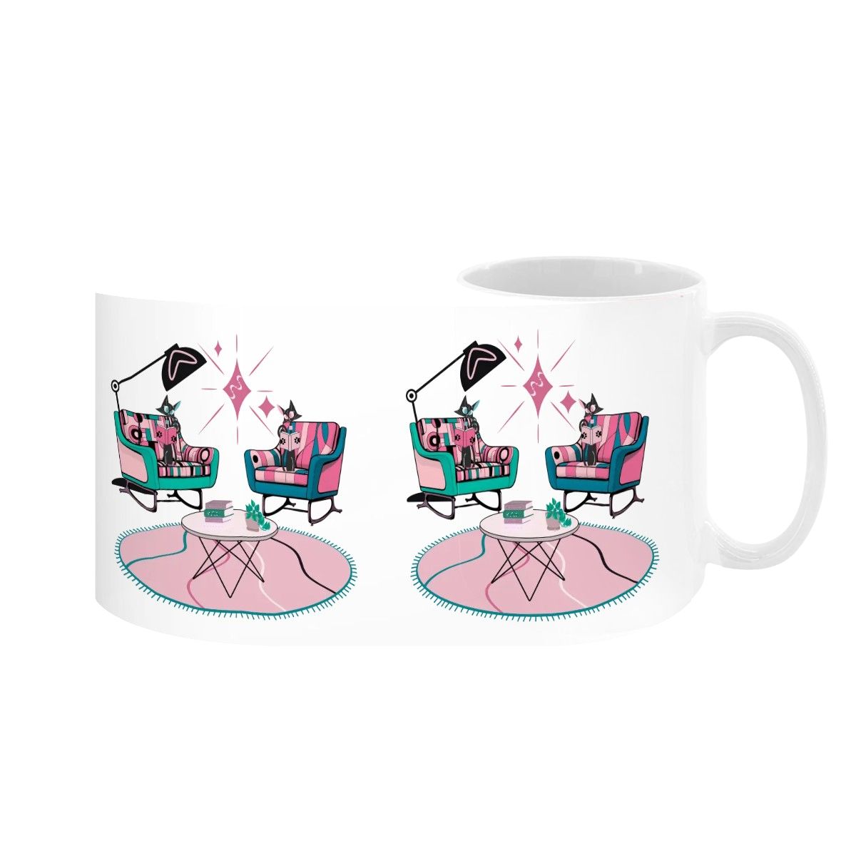 Atomic Reading Cats, Kitschy Mid Century Modern Large Colorful Mug (15oz) - Mid Century Modern Gal