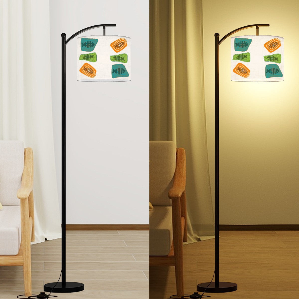 Mid Century Modern Fish Art Arc Floor Lamp, Orange, Teal Green Mid Mod Home Design - Mid Century Modern Gal