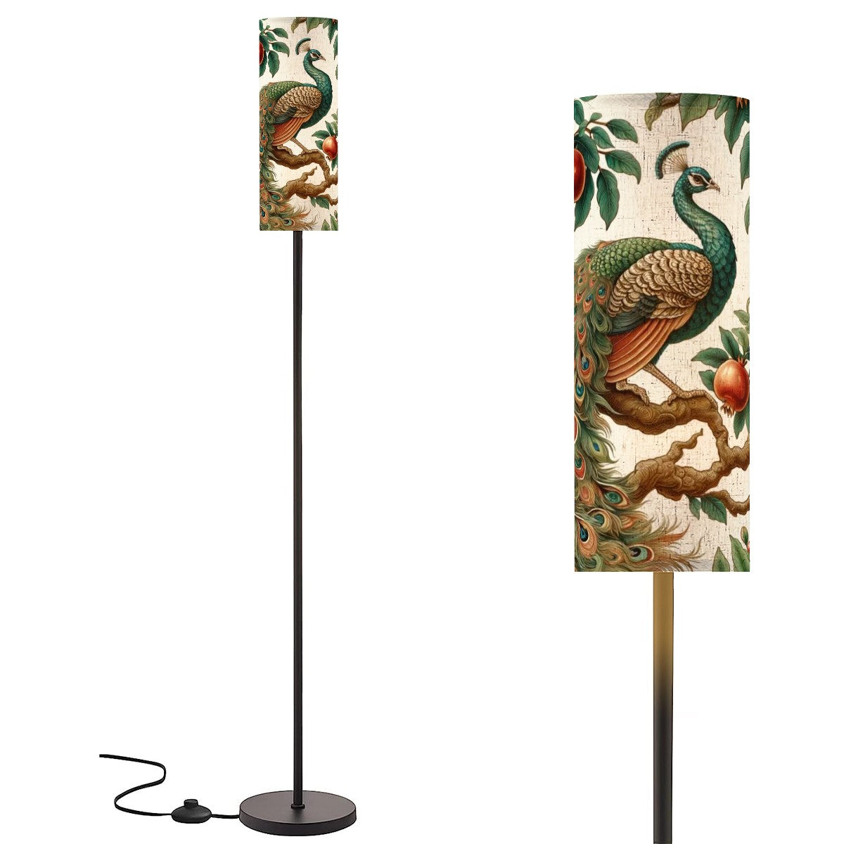 Floral Peacock Asian Infused Modern Slim Floor Lamp With Remote - Mid Century Modern Gal