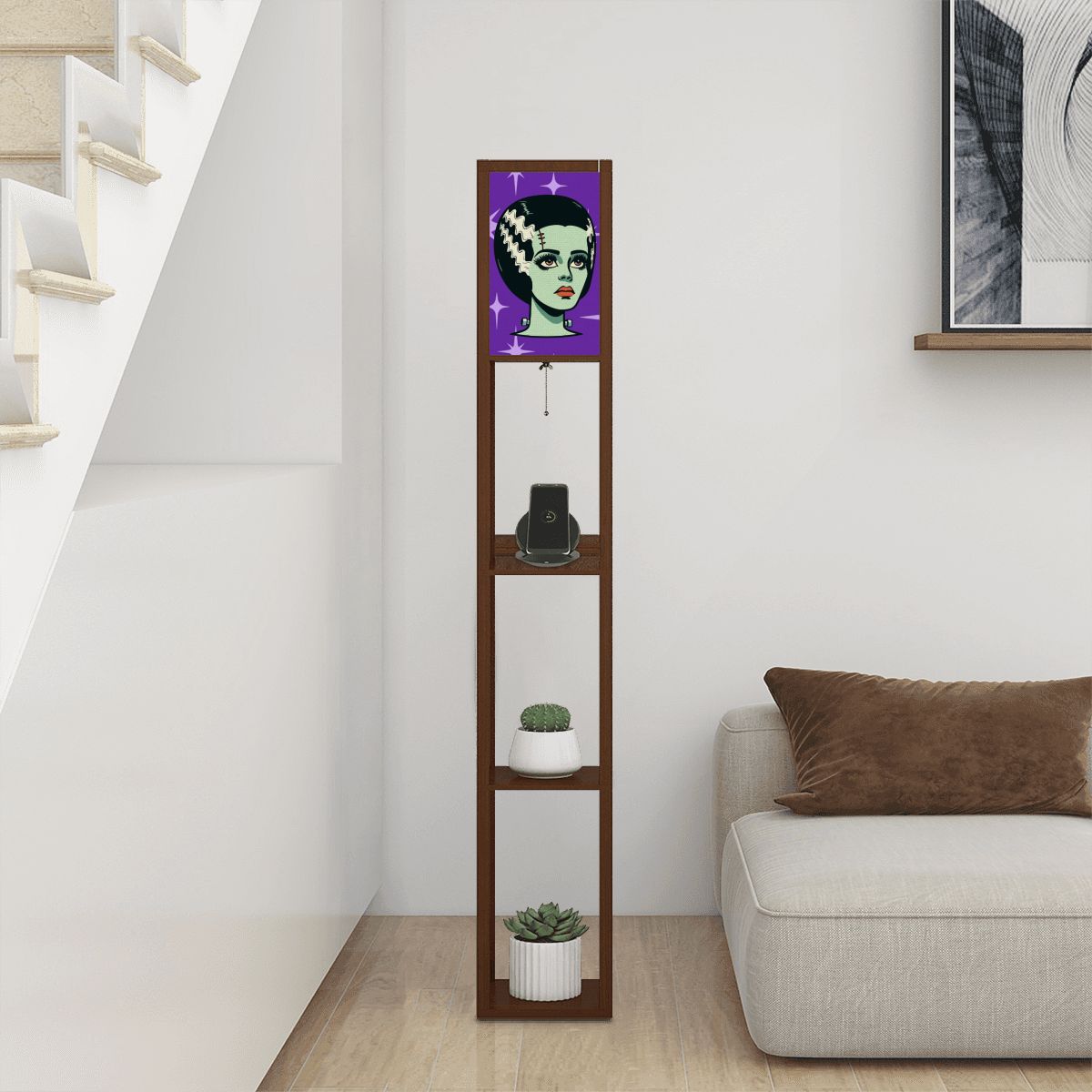 Bride of Frankenstein Retro Mid Mod Horror Buff Purple Halloween Floor Lamp with Shelves - Mid Century Modern Gal