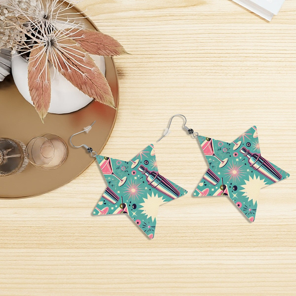 Atomic Mod Martini Cocktail Retro Vegan Leather Star Earrings - Mid Century Modern Gal