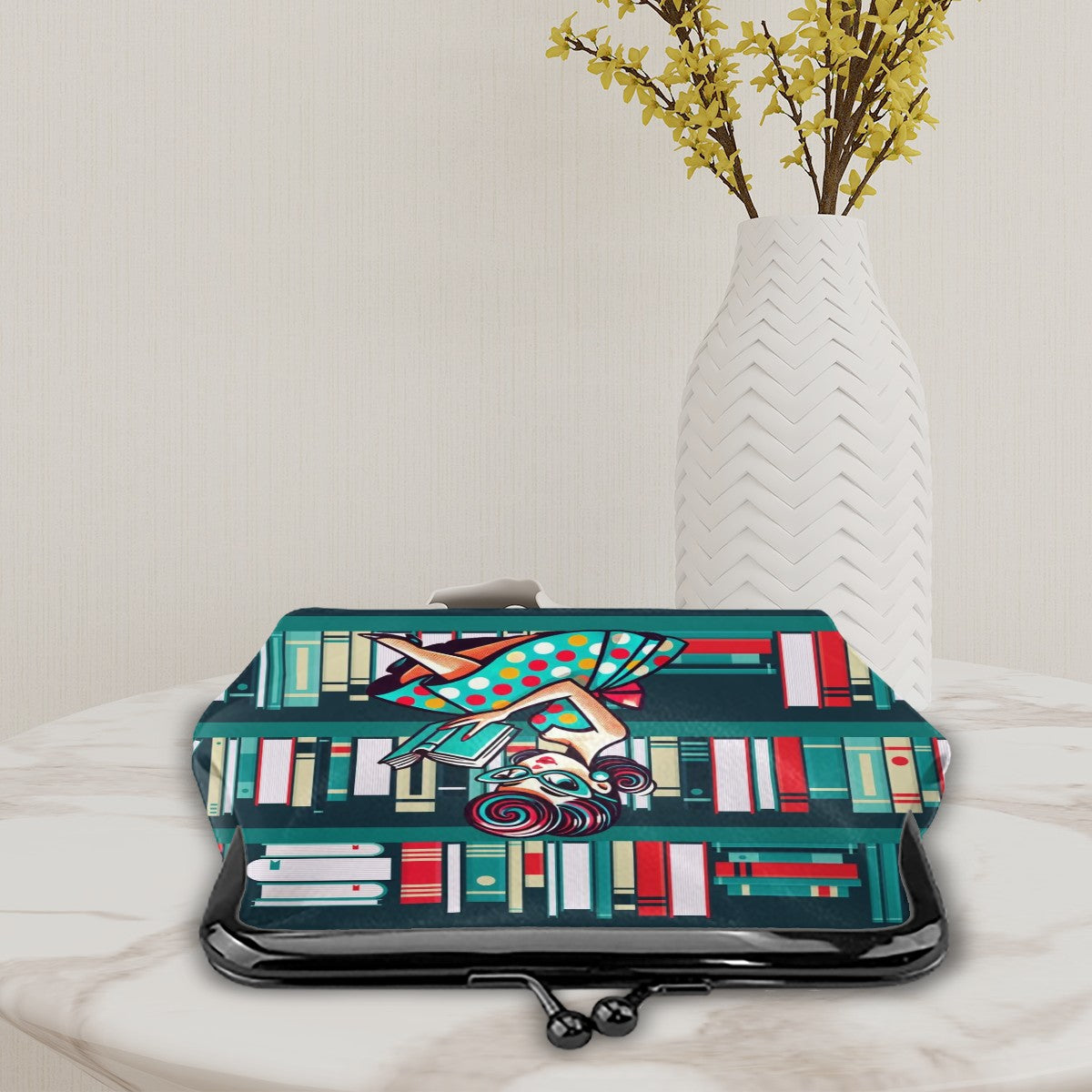 Retro Gal Book Lover, Kitschy Mod Coin Purse for Women - Mid Century Modern Gal