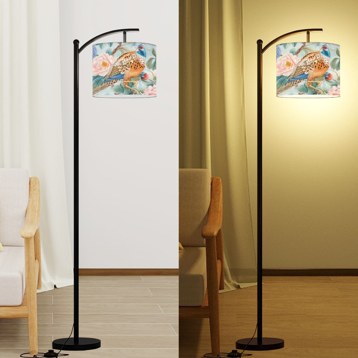 Chinoiserie Elegant Floral Pheasant Bird, Modern Floor Lamp With Remote - Mid Century Modern Gal