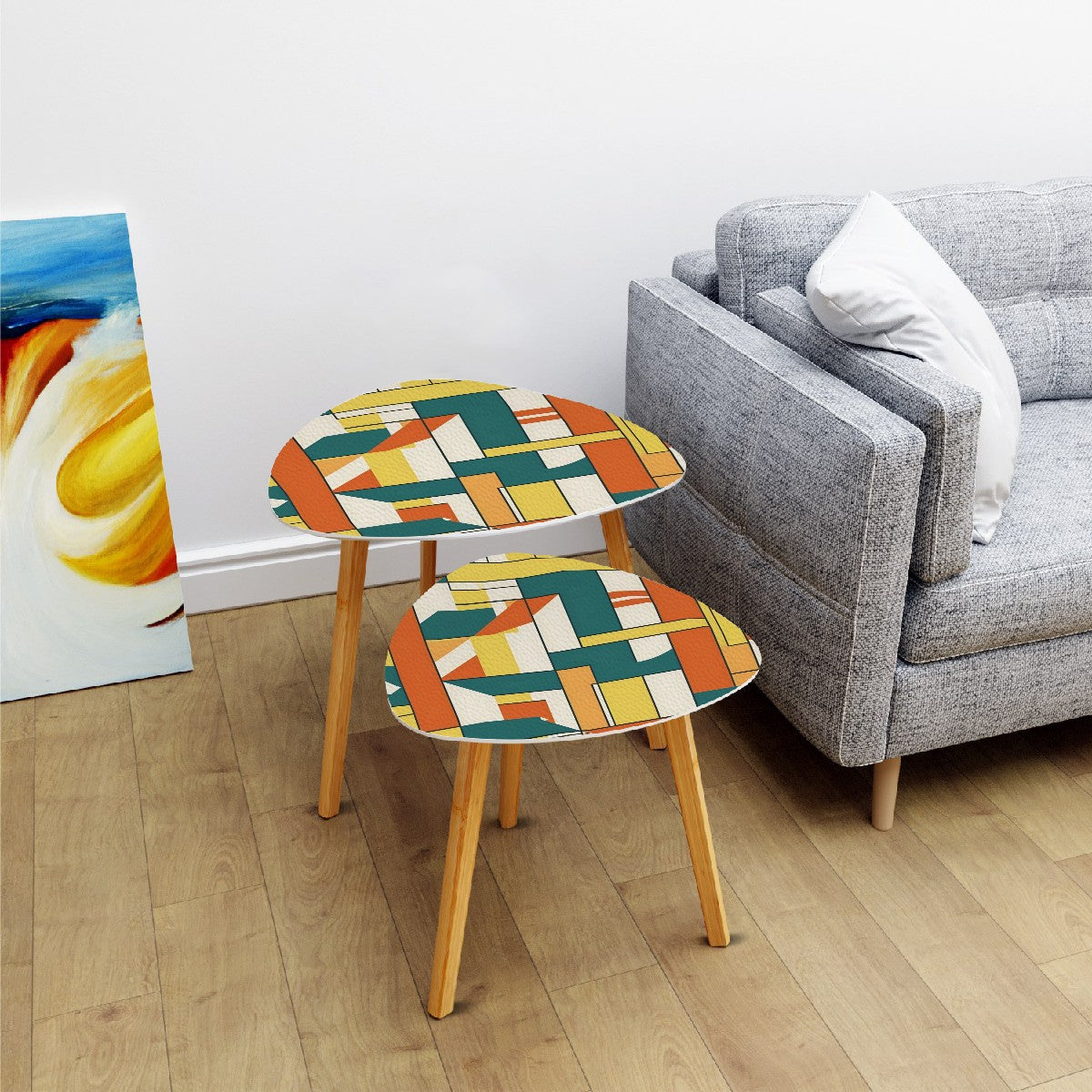 Mid Century Modern Orange Teal Yellow Bauhaus Geometric Designed Nesting Tables - Mid Century Modern Gal