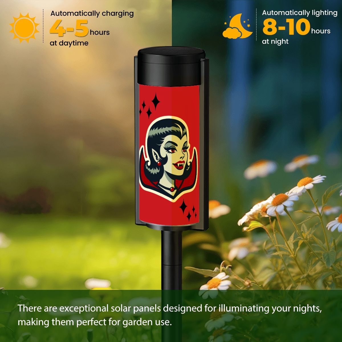Vampire Dracula Girl Halloween Goth Horror Buff MCM Outdoor Solar Lights - Mid Century Modern Gal