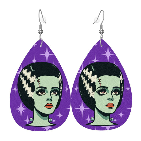 Bride of Frankenstein Retro Mid Mod Horror Buff Purple Halloween Vegan Leather Teardrop Earrings