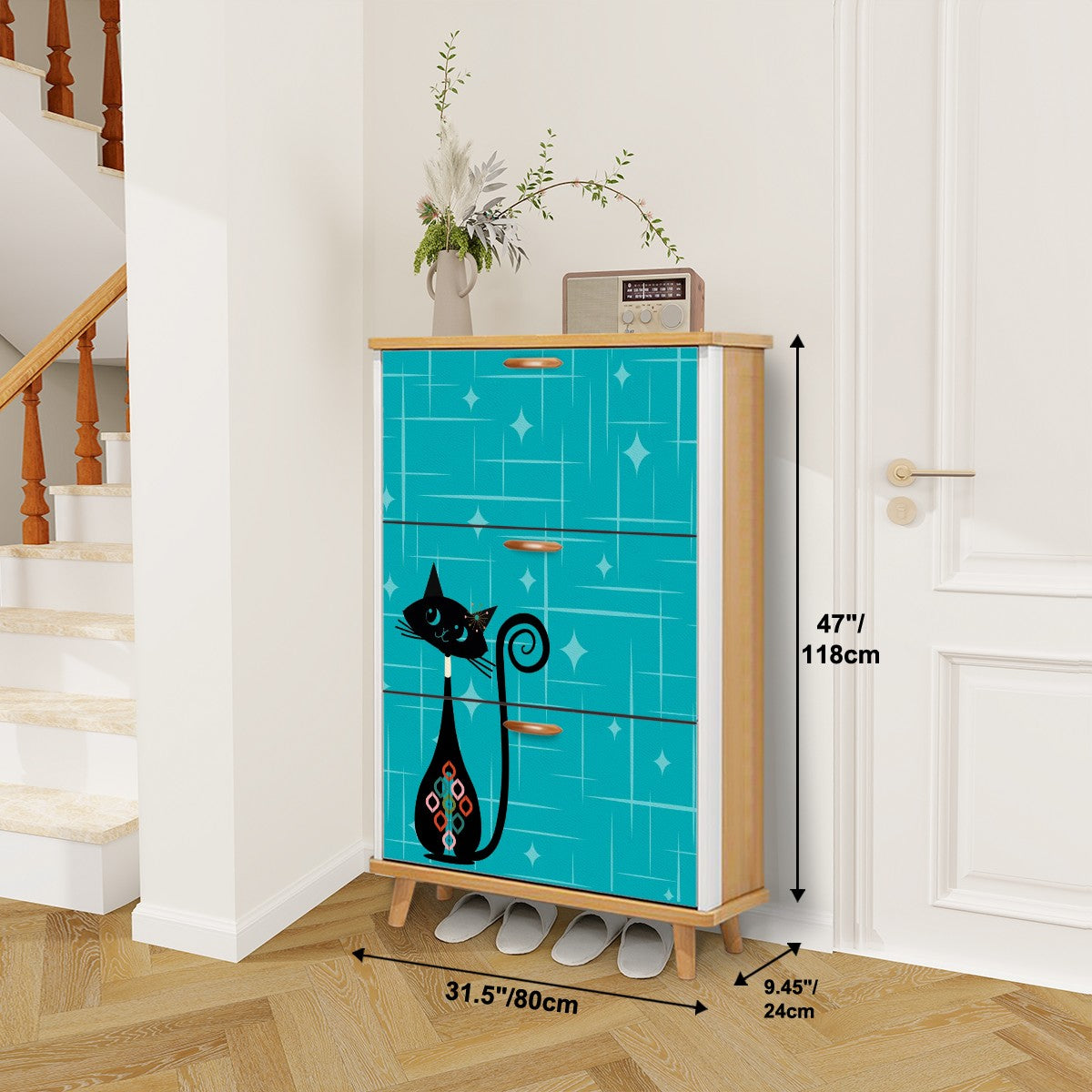 Atomic Kitschy Mod Cat, Teal, Mid Century Modern Shoe Cabinet - Mid Century Modern Gal