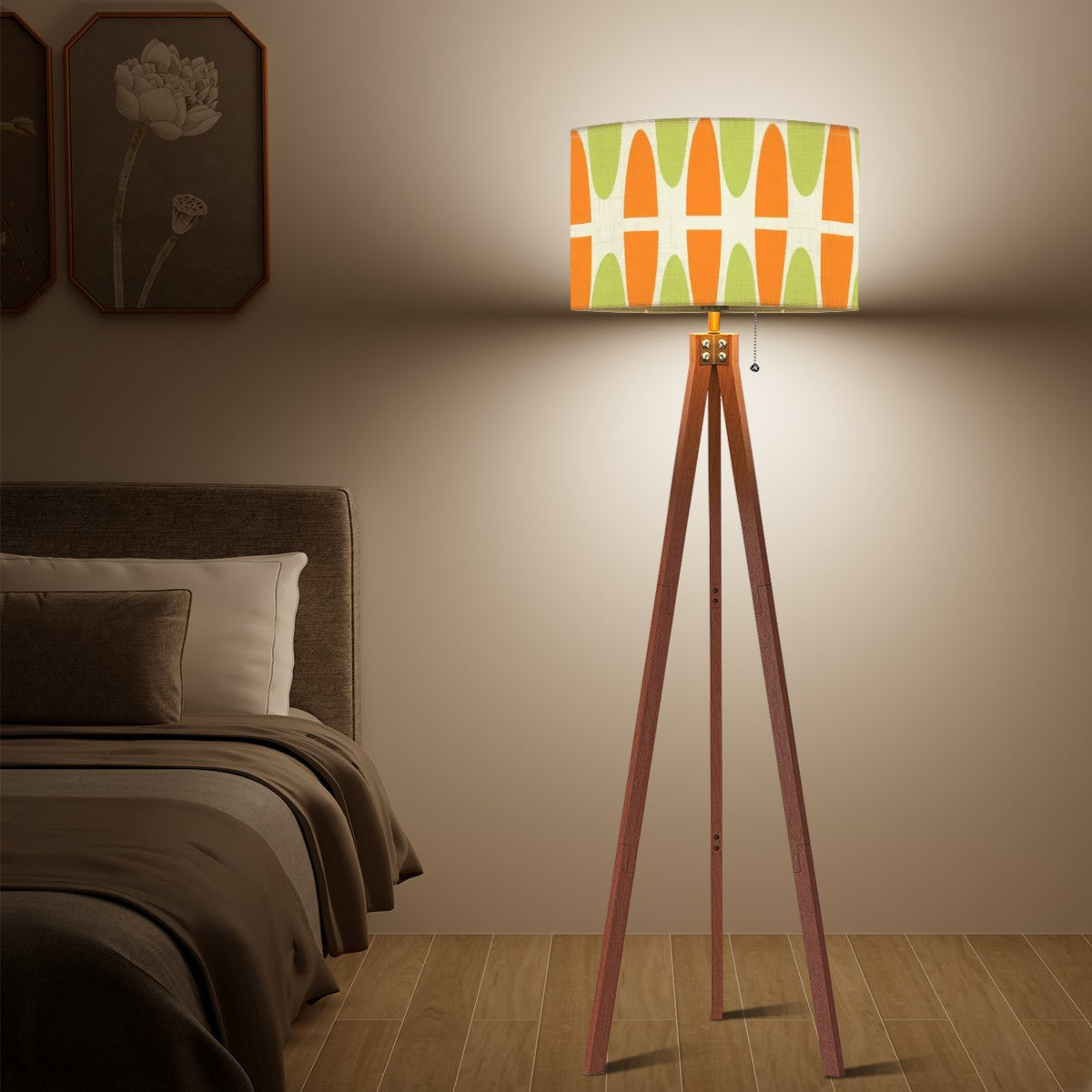 Groovy Green, Orange, Tiki Polynesian Inspired Mid Century Modern Tripod Floor Lamp - Mid Century Modern Gal