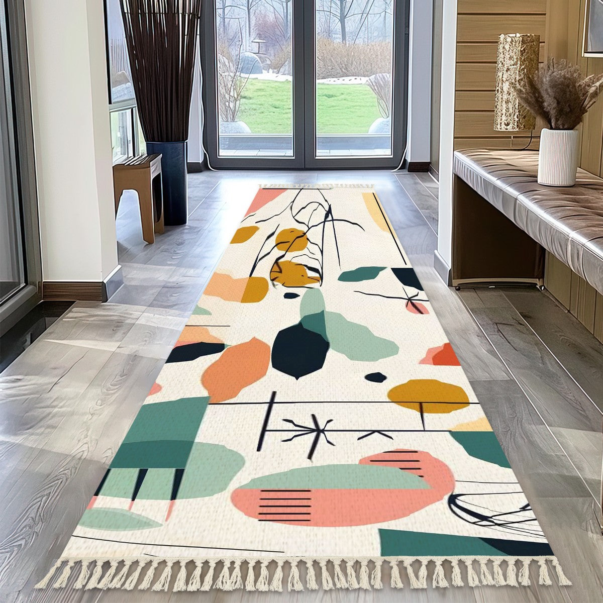 Boho Tassel Rug, Geometric Abtract Mod Design - Mid Century Modern Gal